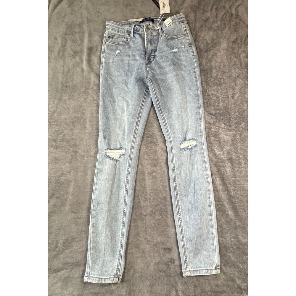 Judy Blue Mid Rise Skinny Jeans Light Blue Distressed Tummy Control 7/28 JB88191 - Picture 2 of 11